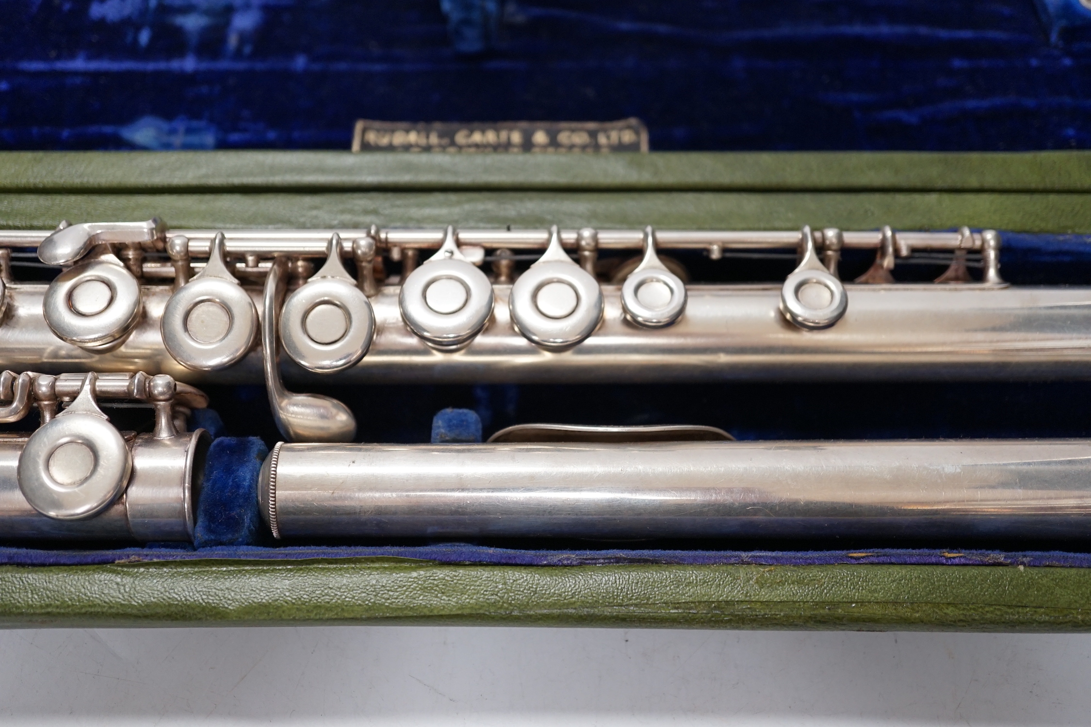 A cased Rudall, Carte & Co. flute, with closed hole key work and sterling silver head joint